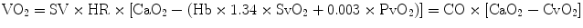 
$$ {\mathrm{VO}}_2=\mathrm{SV}\times \mathrm{HR}\times \left[{\mathrm{CaO}}_2-\left(\mathrm{Hb}\times 1.34\times {\mathrm{SvO}}_2+0.003\times {\mathrm{PvO}}_2\right)\right]=\mathrm{CO}\times \left[{\mathrm{CaO}}_2-{\mathrm{CvO}}_2\right] $$
