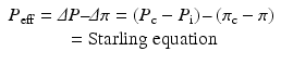 
$$ \begin{array}{c}{P}_{\mathrm{eff}}=\varDelta P\hbox{--} \varDelta \pi =\left({P}_{\mathrm{c}}-{P}_{\mathrm{i}}\right)\hbox{--} \left({\pi}_{\mathrm{c}}-\pi \right)\\ {}=\mathrm{Starling}\;\mathrm{equation}\end{array} $$
