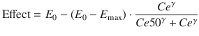 
$$ \mathrm{Effect}={E}_0-\left({E}_0-{E}_{\max}\right)\cdot \frac{C{e}^{\gamma}}{ C e{50}^{\gamma}+ C{e}^{\gamma}} $$
