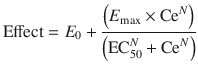 
$$ \mathrm{Effect}={E}_0+\frac{\left({E}_{\max}\times {\mathrm{Ce}}^N\right)}{\left({\mathrm{EC}}_{50}^N+{\mathrm{Ce}}^N\right)} $$
