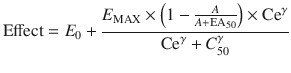 
$$ \mathrm{Effect}={E}_0+\frac{E_{\mathrm{MAX}}\times \left(1-\frac{A}{A+{\mathrm{EA}}_{50}}\right)\times {\mathrm{Ce}}^{\gamma}}{{\mathrm{Ce}}^{\gamma}+{C}_{50}^{\gamma}} $$

