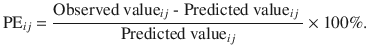 
$$ {\mathrm{PE}}_{ij} = \frac{\mathrm{Observed}\ {\mathrm{value}}_{ij}\ \hbox{-}\ \mathrm{Predicted}\ {\mathrm{value}}_{ij}\ }{{\mathrm{Predicted}\ \mathrm{value}}_{ij}}\times 100\%. $$
