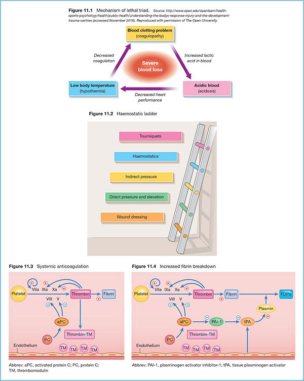 Diagram shows lethal triad mechanism with markings for severe blood loss, blood clotting problem, acidic blood, low body temperature, increased lactic acid in blood, et cetera.