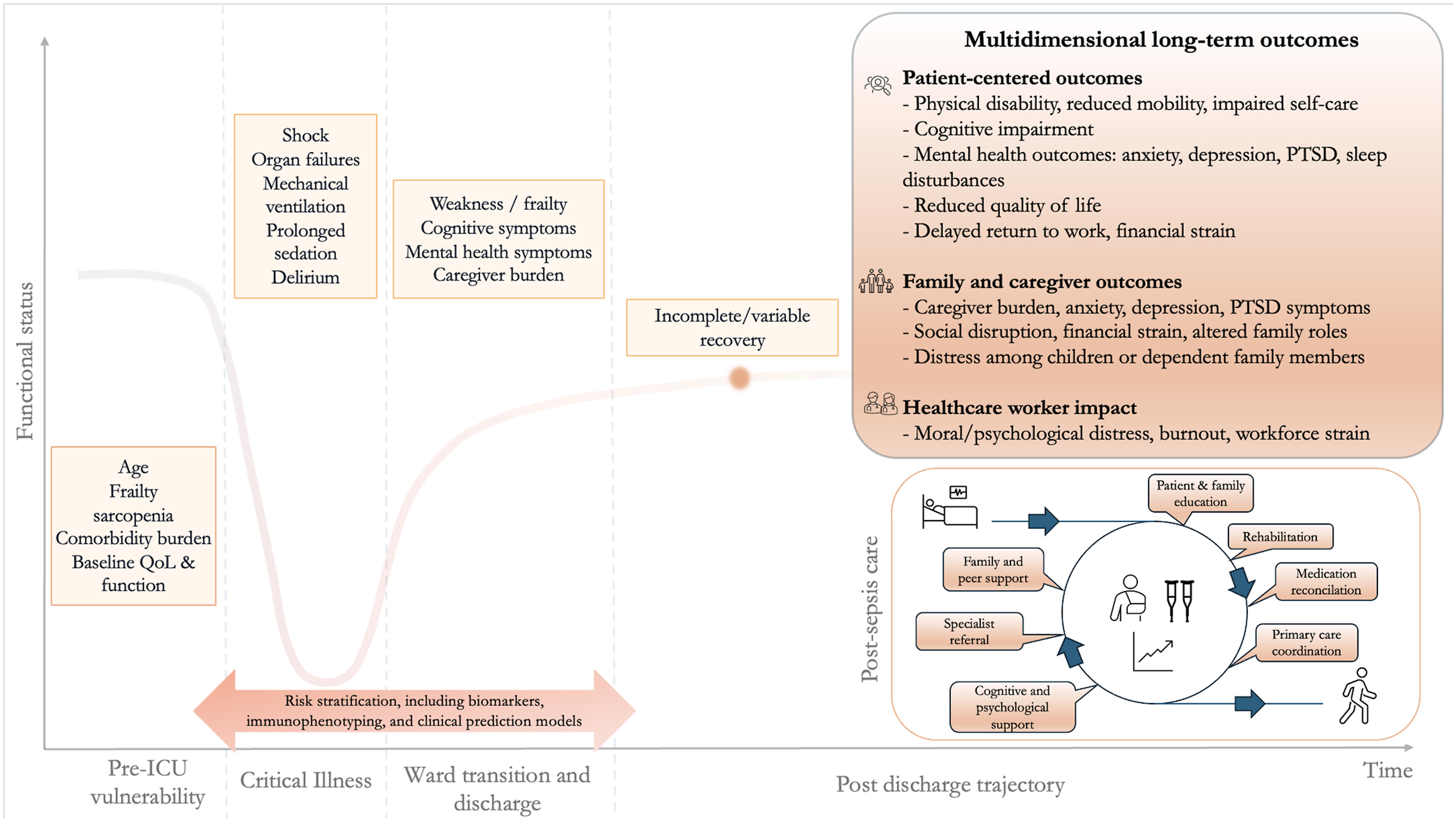 Alt text begins. A clinical timeline graph illustrates post-sepsis recovery from Pre-I C U vulnerability through Critical Illness, discharge, and long-term outcomes with multidimensional care pathways. Alt text provided by Elsevier.