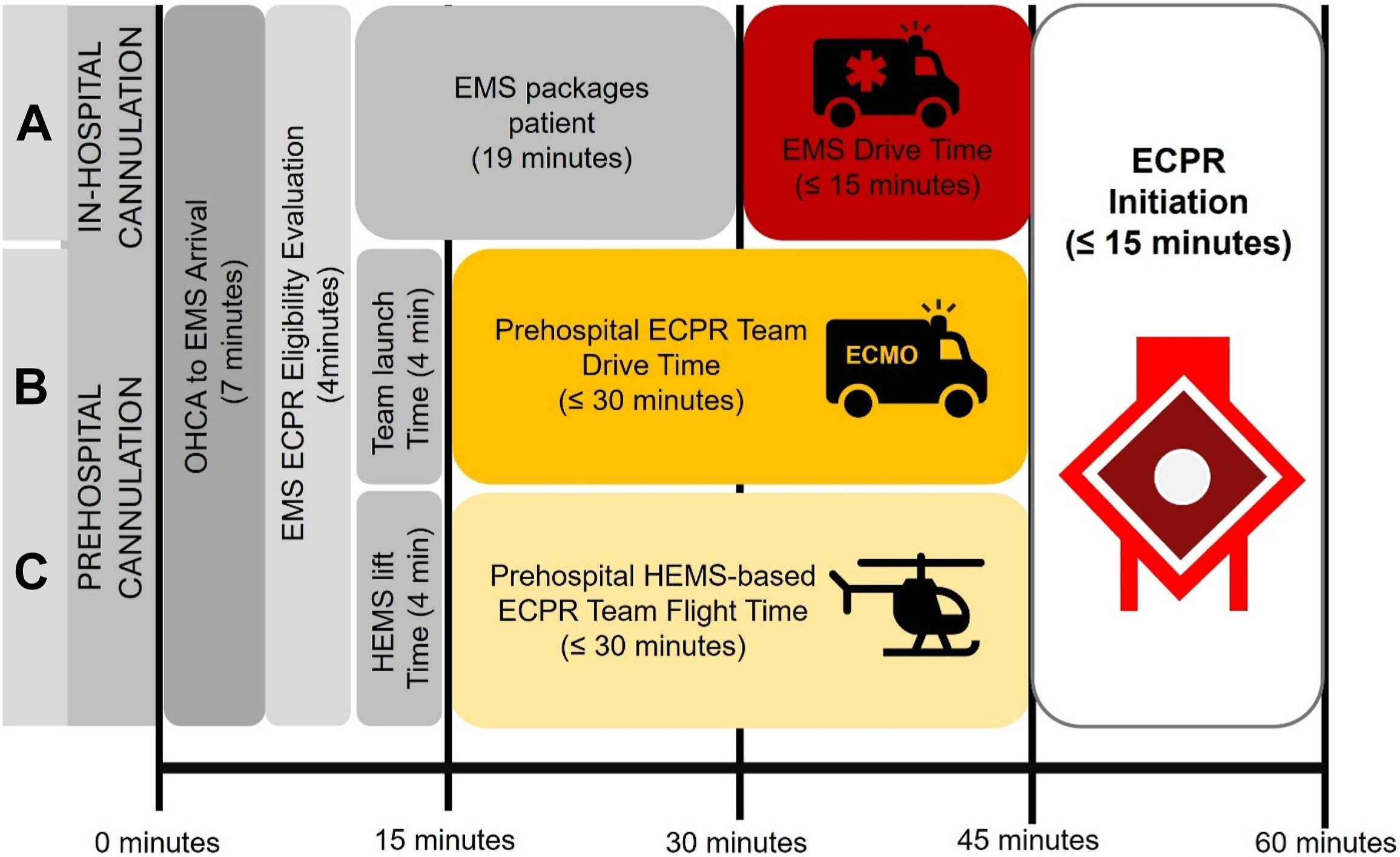 A timeline diagram shows three pathways for E C P R initiation within 60 minutes after cardiac arrest, with segmented time intervals for E M S and team activities.