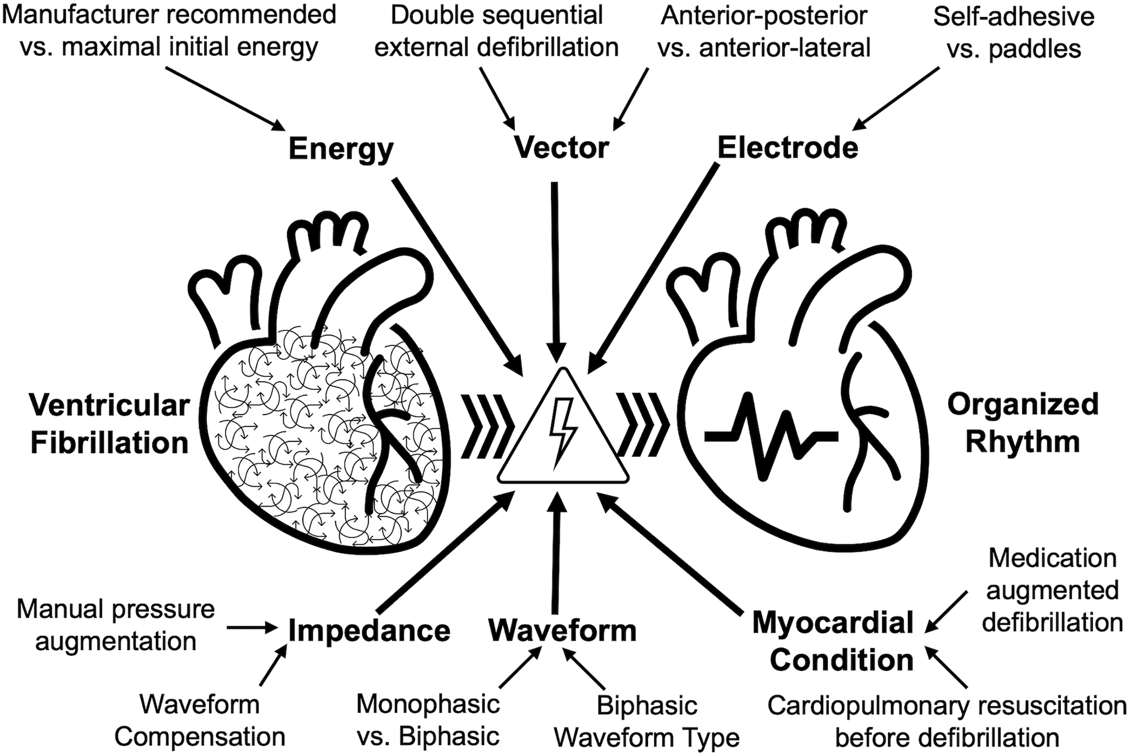A schematic of defibrillation shows two hearts, factors like energy, electrode, vector, impedance, waveform, and myocardial condition.