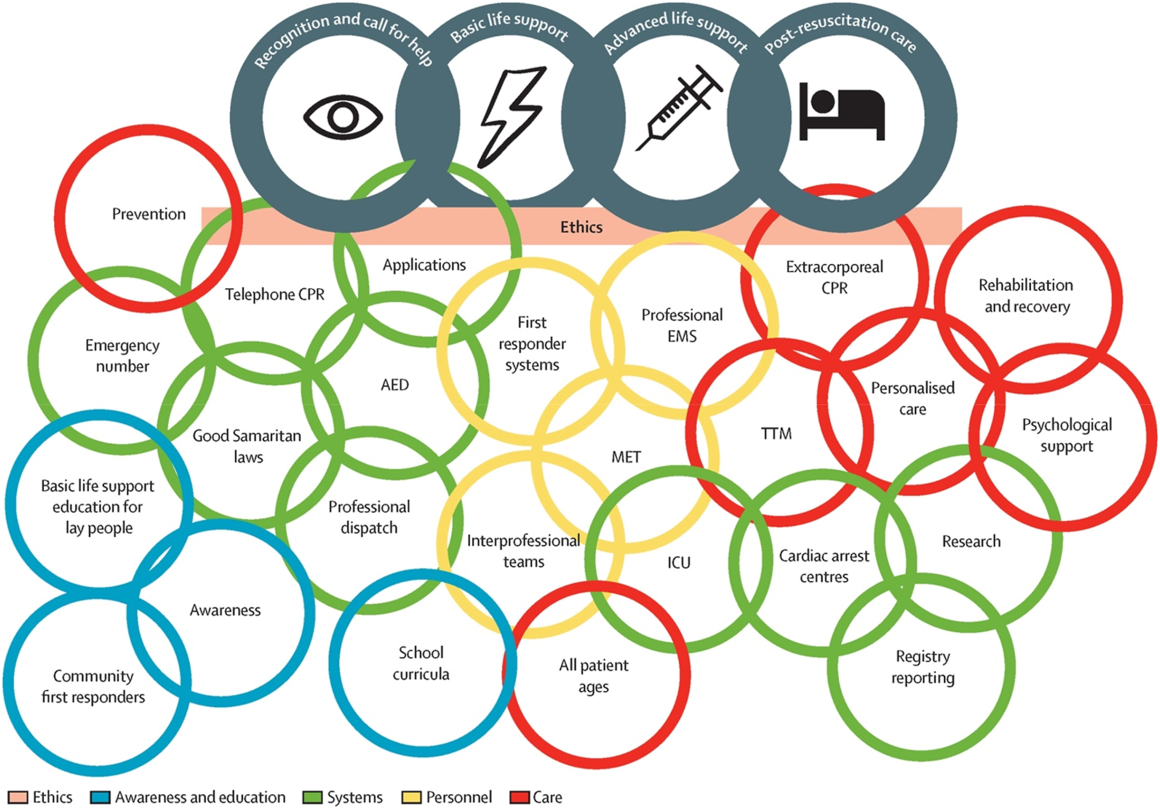 A diagram uses interlinked colored circles to show key components of cardiac arrest care, grouped by categories like systems, personnel, care, education, and ethics.