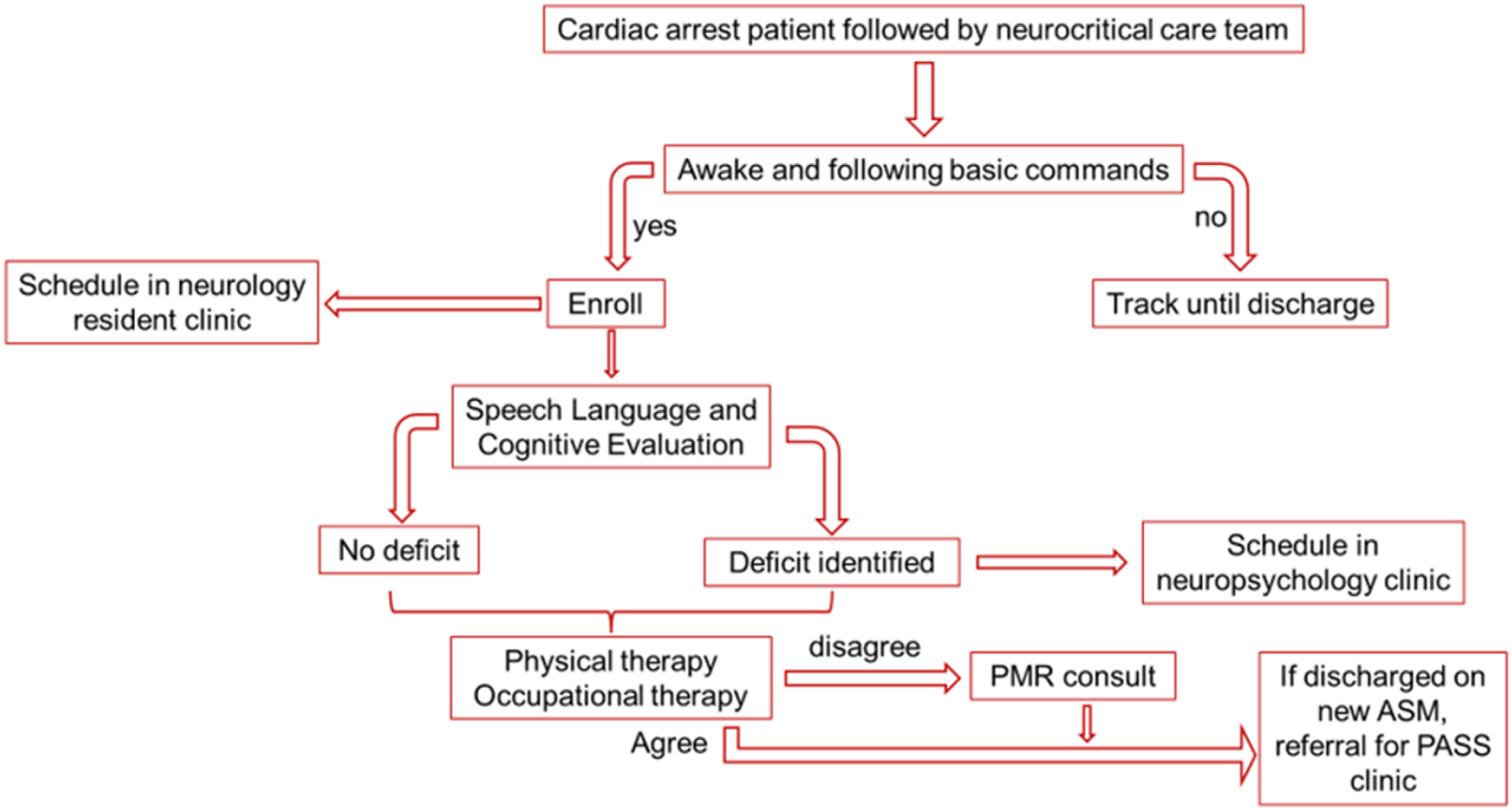 A flowchart for post-cardiac arrest patient care outlines evaluation, therapy referral, and follow-up based on cognitive and physical deficits.