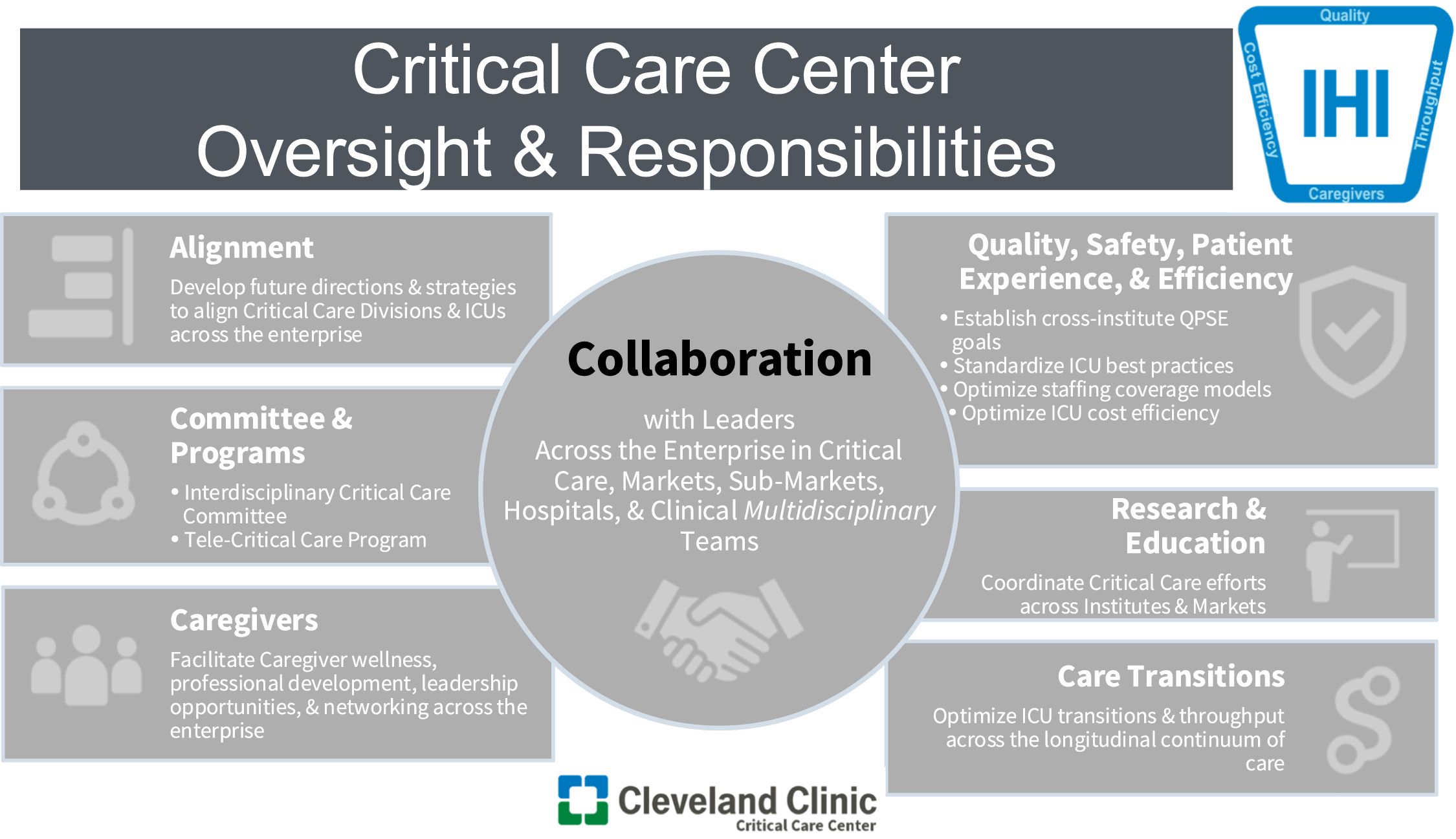 An infographic of Critical Care Center oversight and responsibilities highlights the collaboration across alignment, quality and safety, caregivers, care transitions, and committee programs.