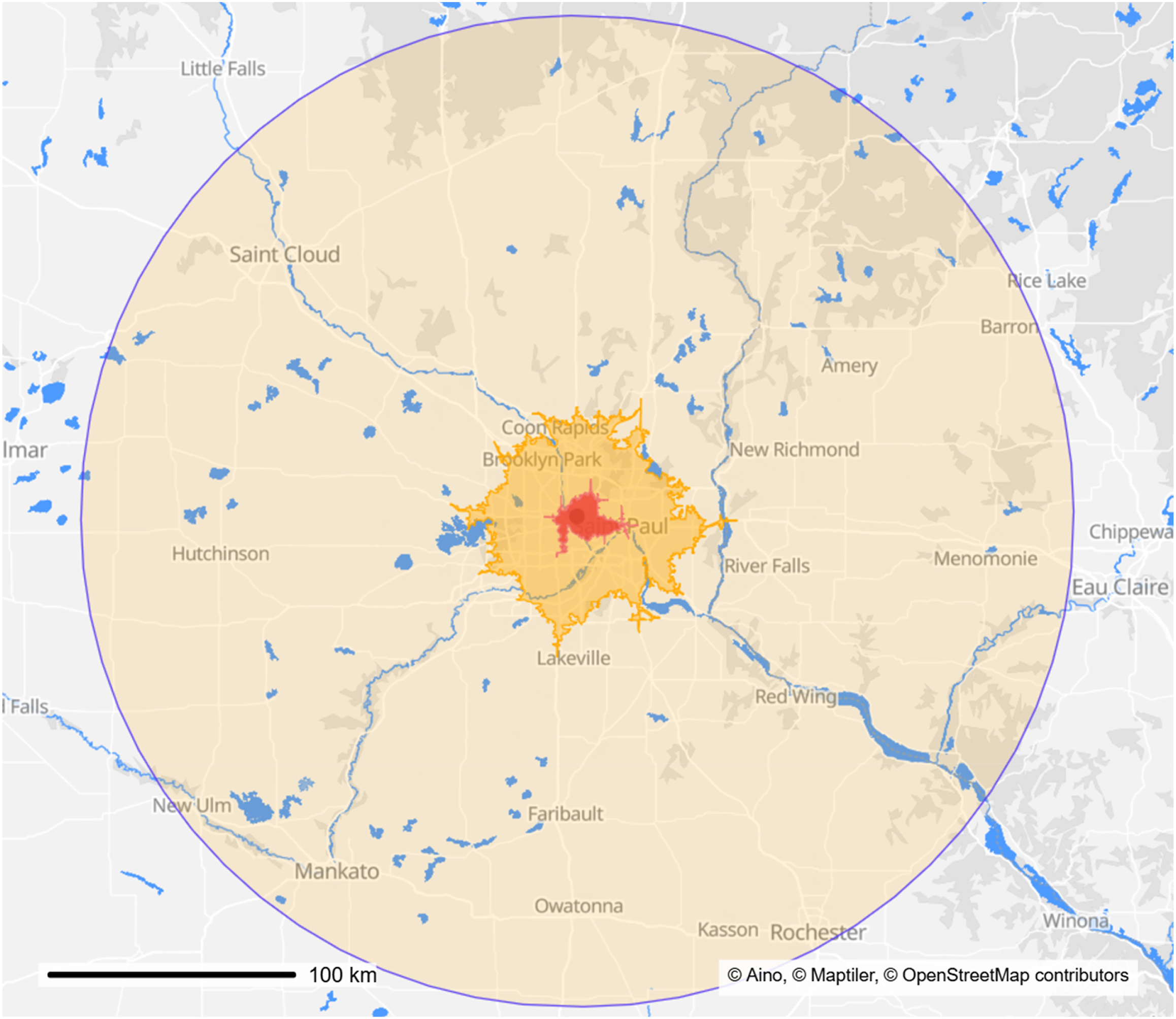A map centered on Minneapolis Saint Paul showing concentric shaded areas extending to surrounding cities and regions.