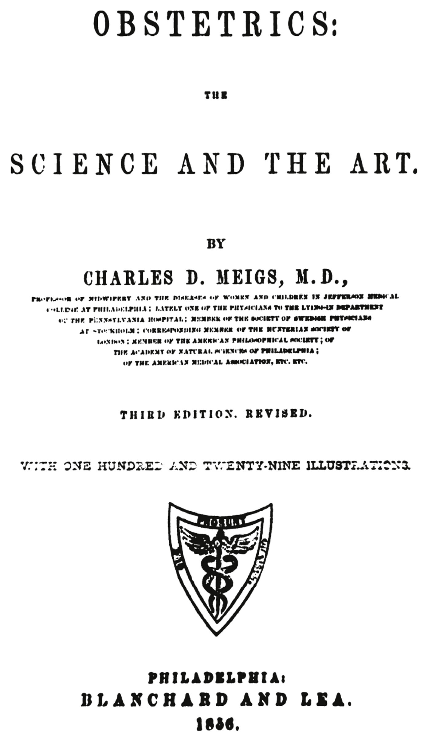 A cover page of a medical book titled Obstetrics, The Science and the Art by Charles D Meigs with publication details and a symbol.
