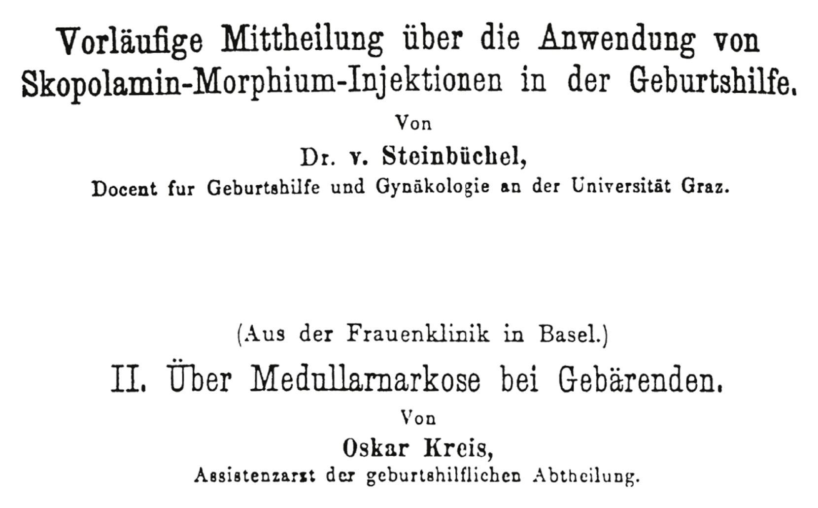 A title panel displays two German obstetric paper titles by V. Steinbüchel and Oskar Kreis, each with author names and affiliations.