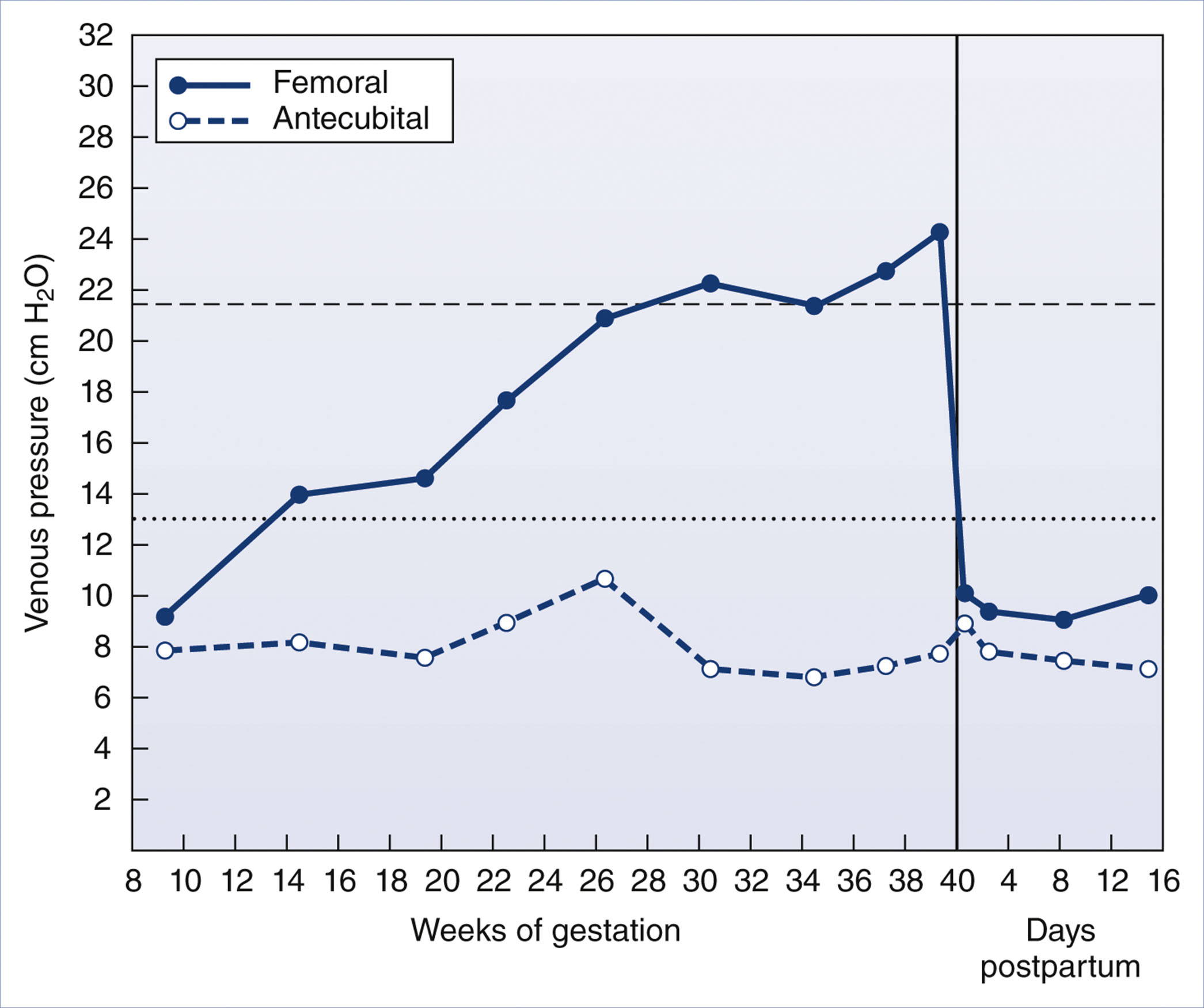A line graph shows femoral and antecubital venous pressures across gestation weeks and postpartum days, with higher values in femoral pressure that peak before delivery.