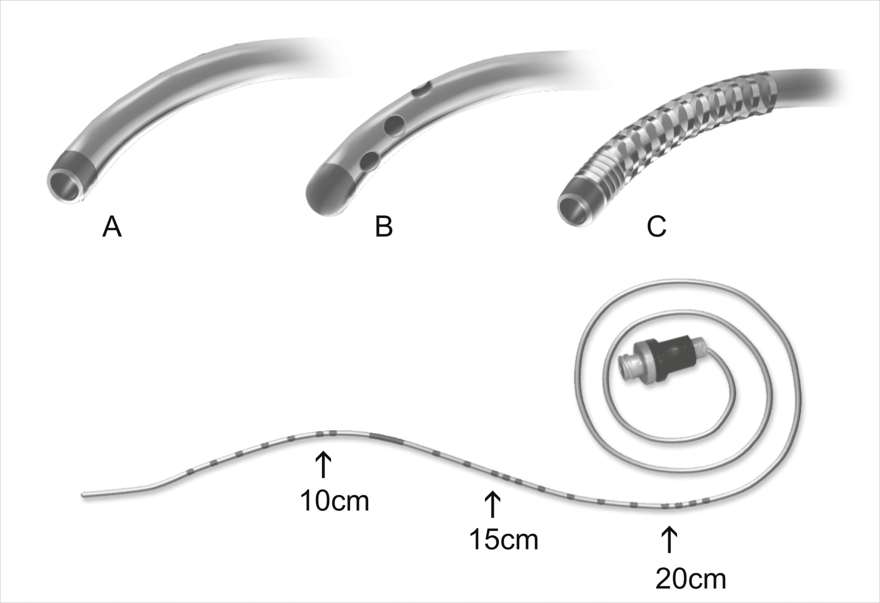 A medical device diagram presents four types of epidural catheters with variations in tip design and structure.