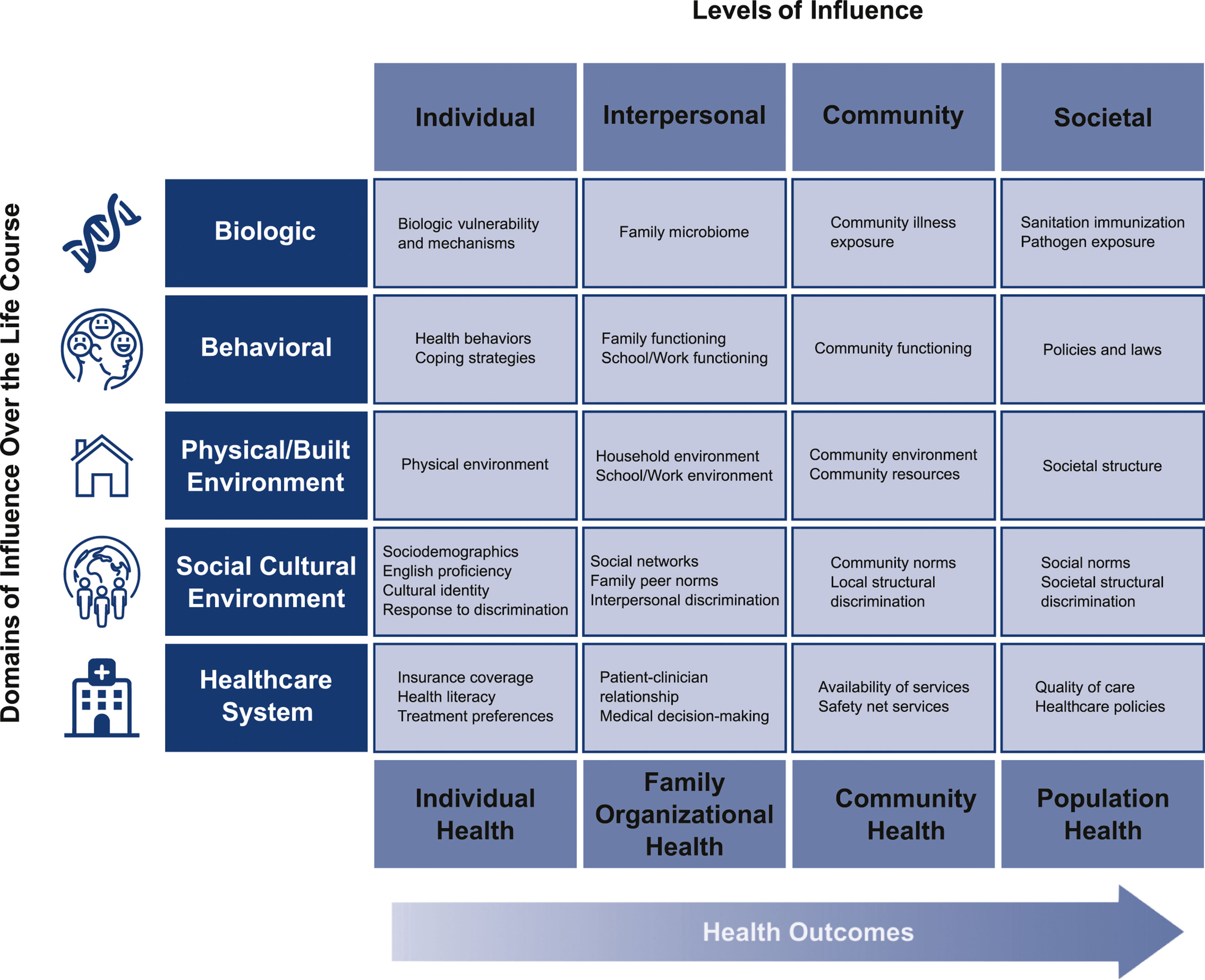 A framework grid presents five domains across four levels of influence that affect health outcomes, linking individual, family, community, and population health.