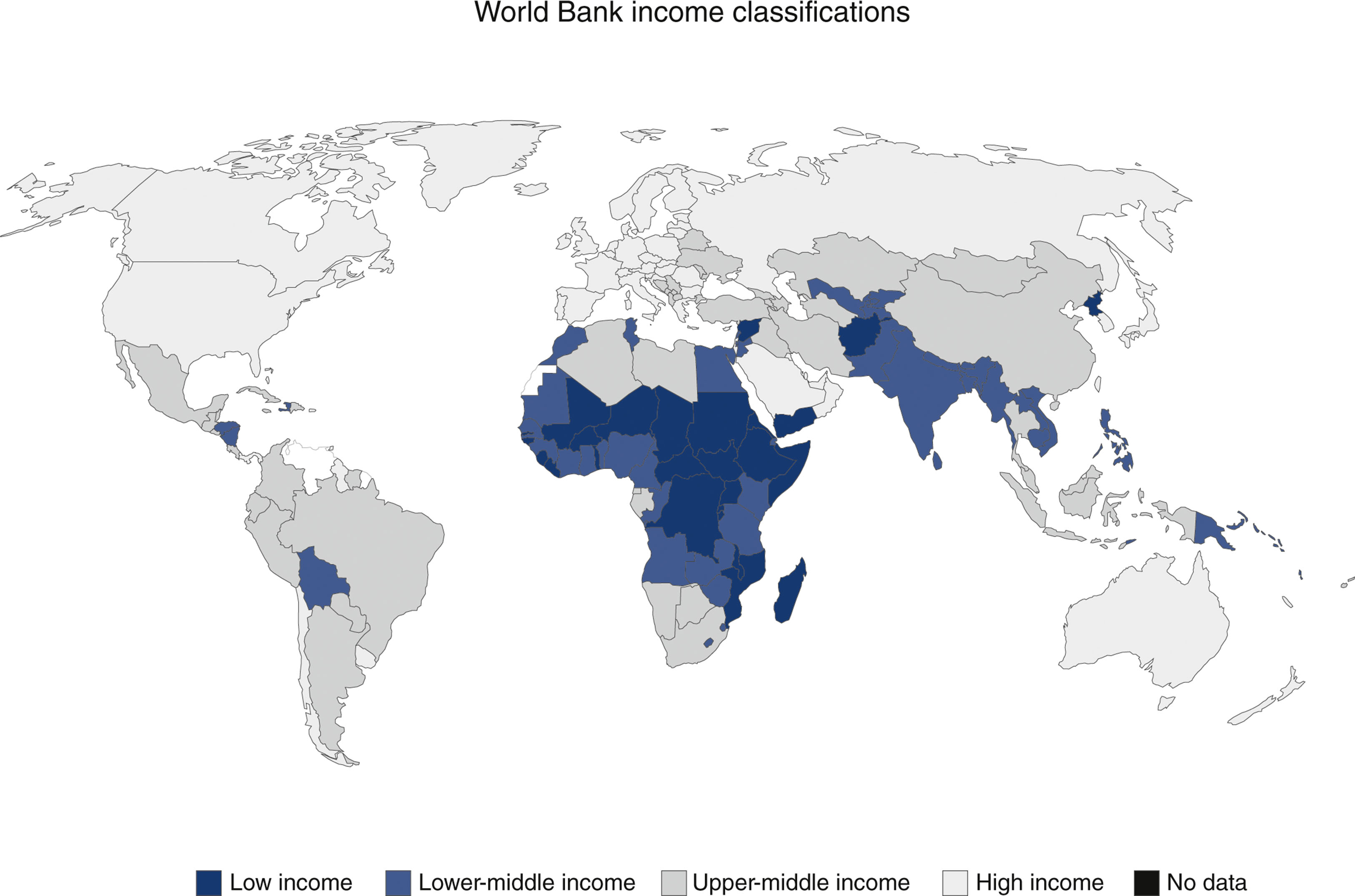 A world map presents countries grouped by World Bank income classifications using four income levels and one no data category, with distinctions visible across all continents.