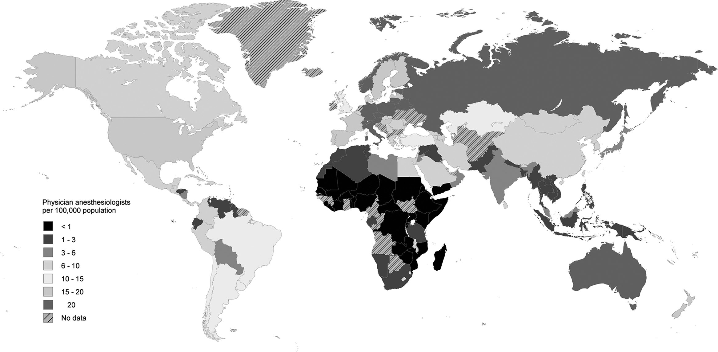 A world map presents physician anesthesiologist density per 100000 population by country using seven categories ranging from fewer than 1 to over 20 and a no data group.