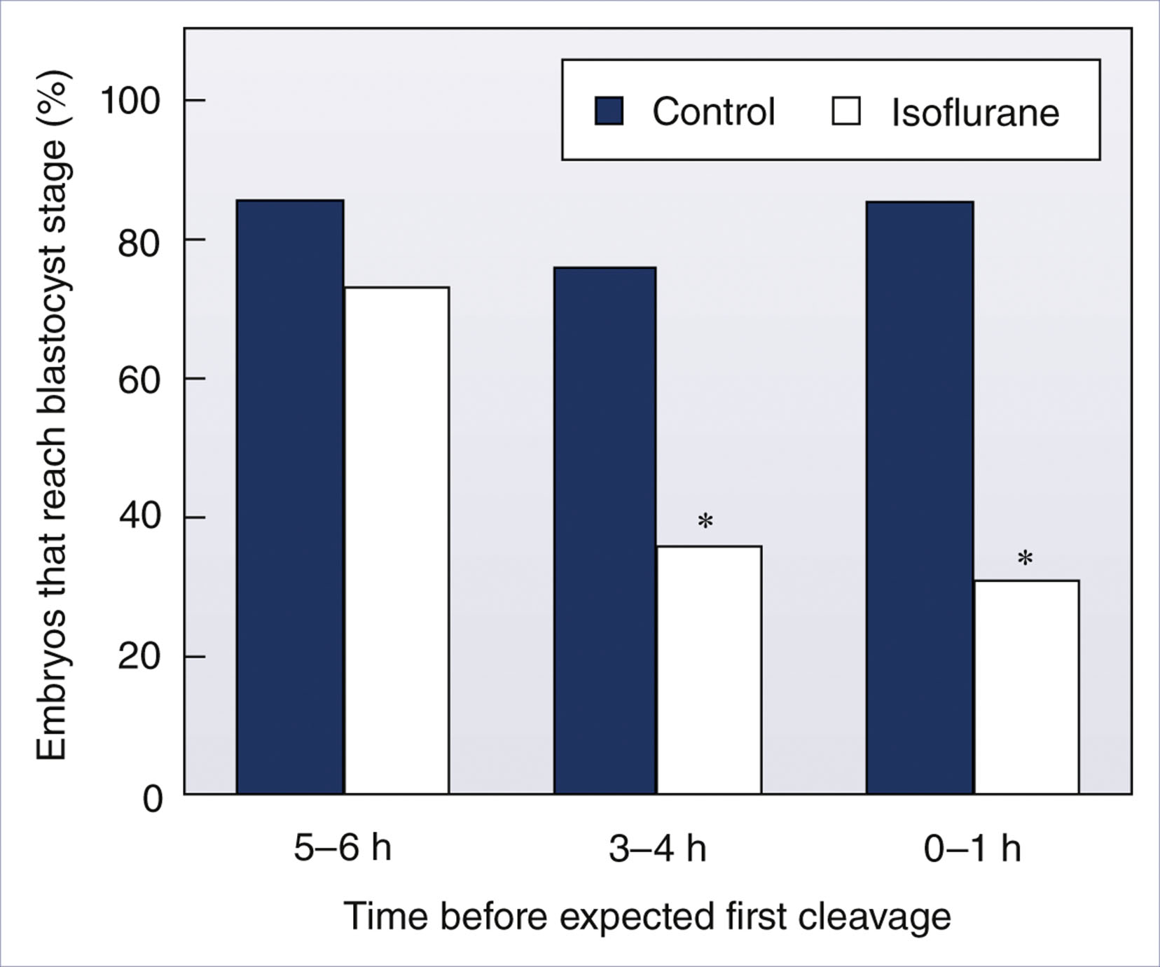 A bar graph compares percentages of embryos reaching the blastocyst stage after exposure to isoflurane or control at different times before the expected first cleavage.