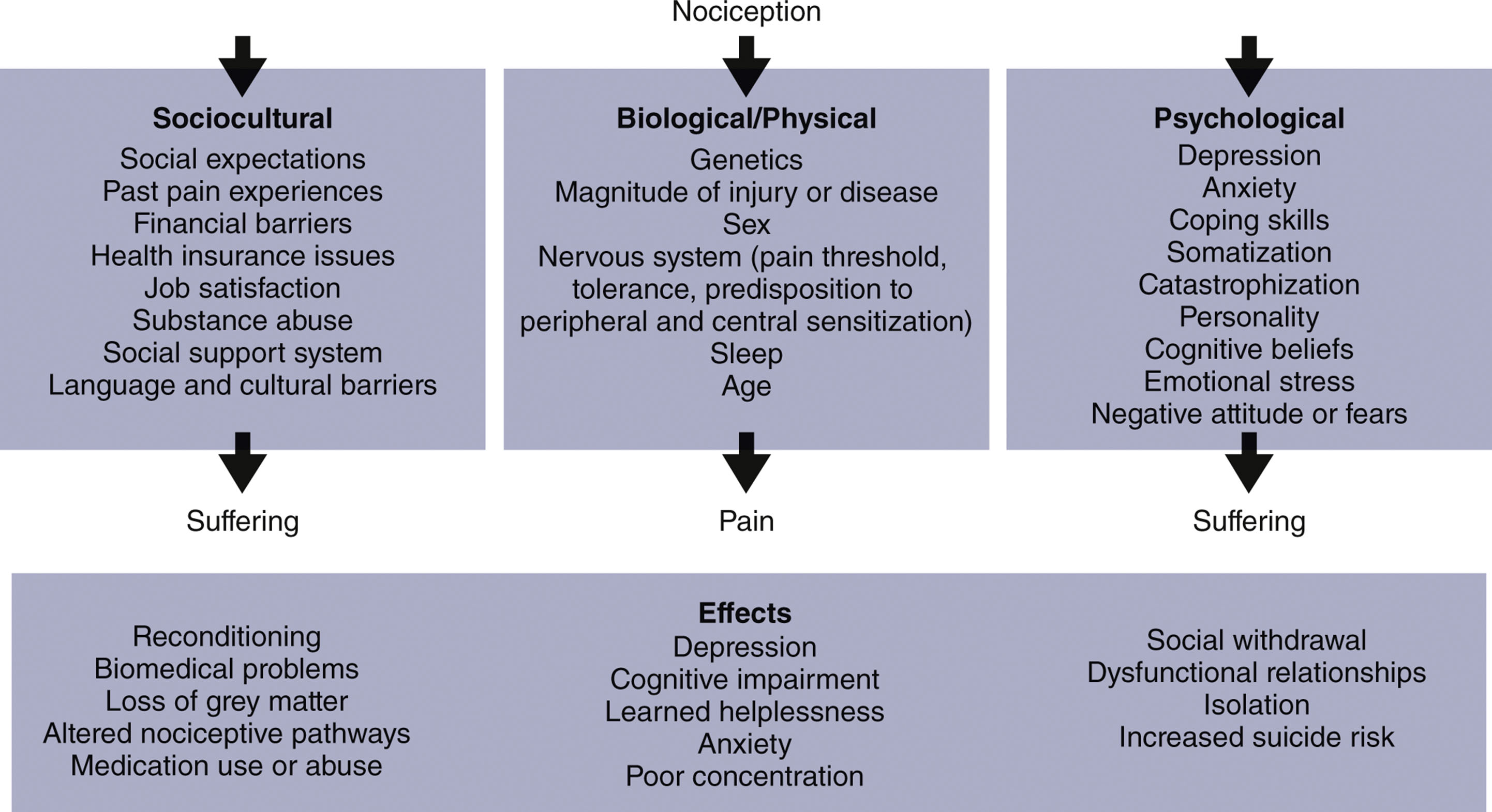 A flowchart presents sociocultural, biological, and psychological factors influencing pain and suffering with downstream effects.
