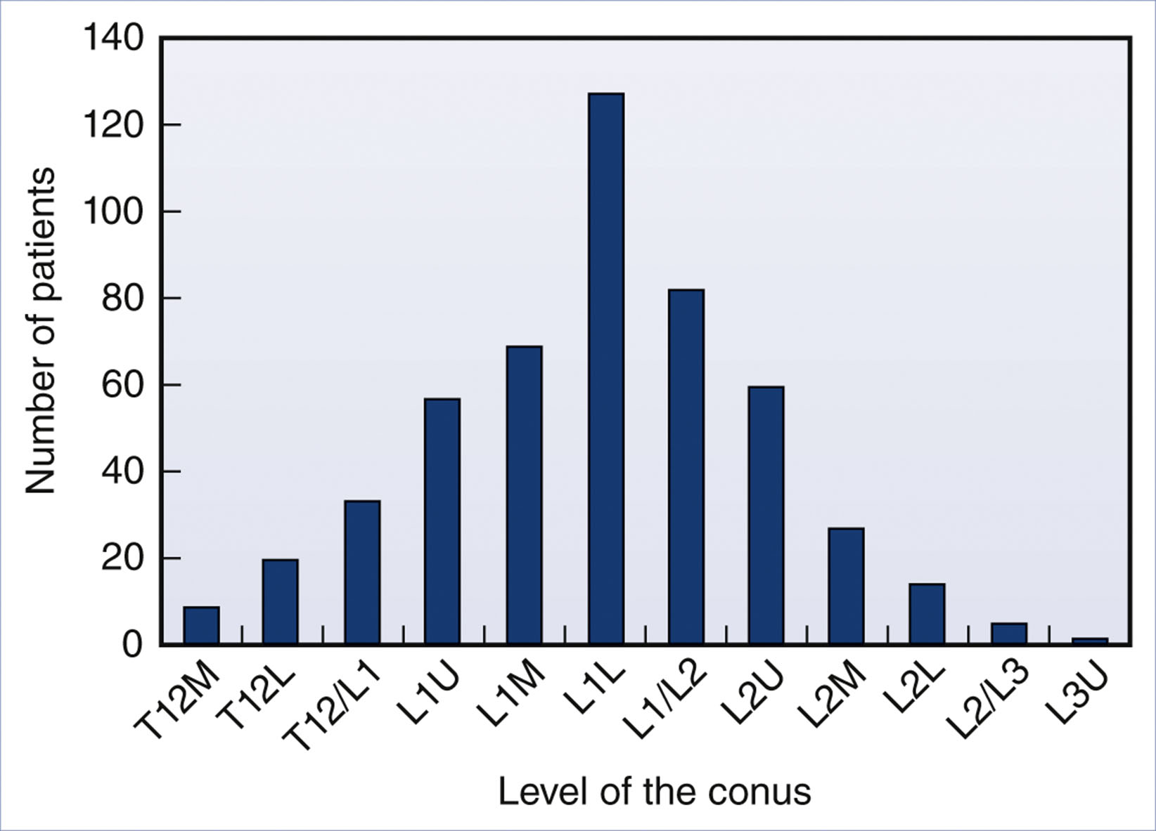 A bar chart shows the distribution of conus medullaris tip levels in 504 adult patients based on magnetic resonance imaging.