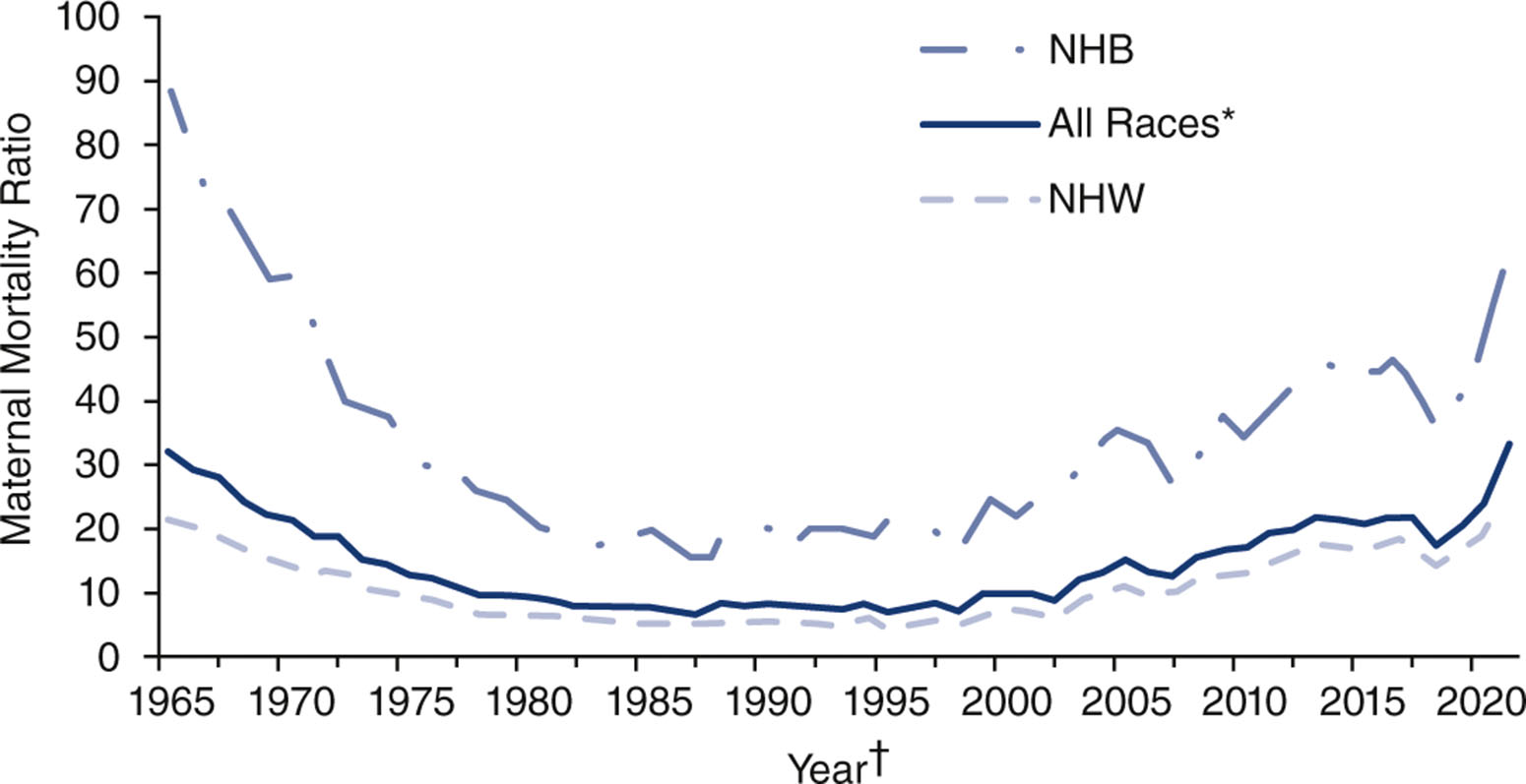 A line graph shows maternal mortality ratios from 1965 to 2021 for all races, N H B, and N H W.