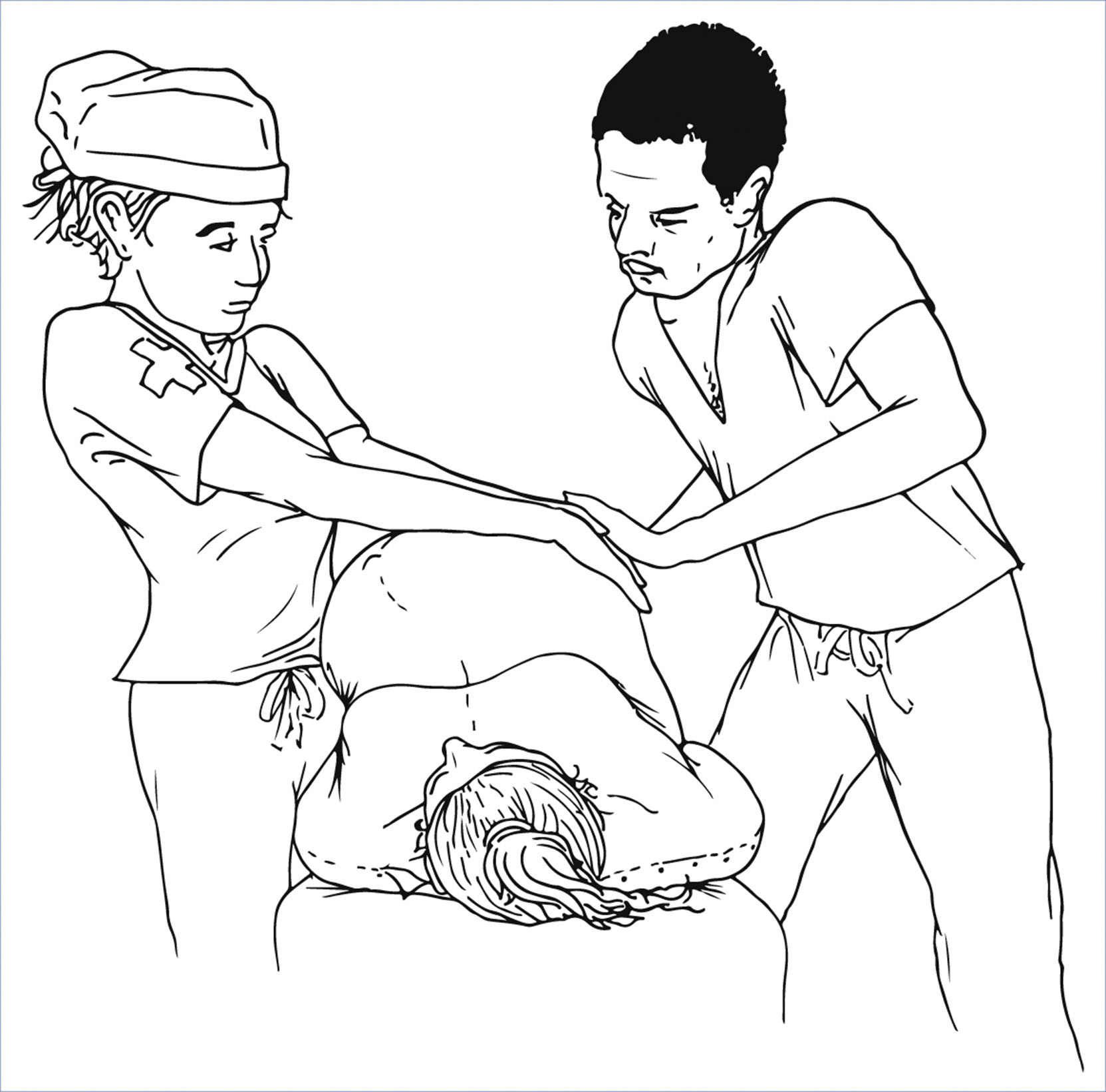 An illustration shows two medical staff performing manual left uterine displacement on a pregnant woman lying on her back.